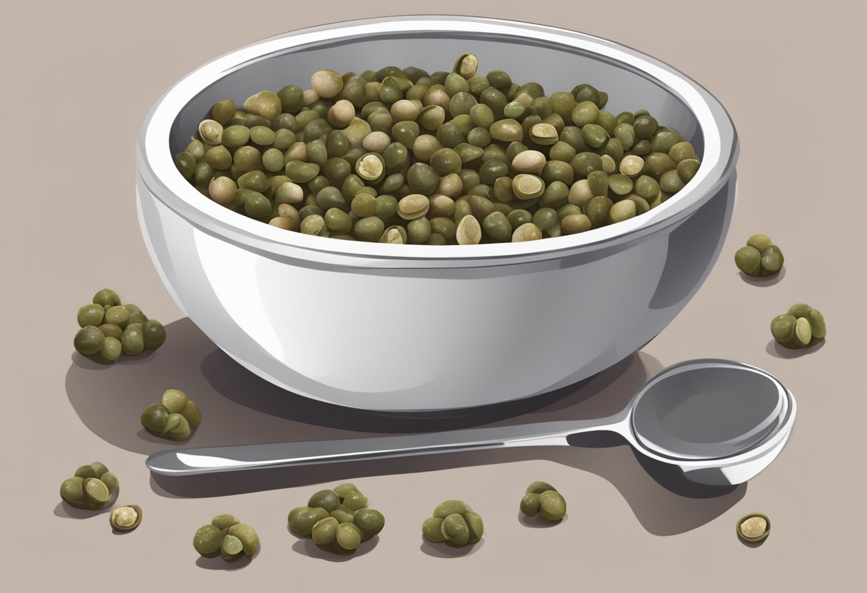 A dog's bowl filled with a small portion of capers, placed on the ground next to a measuring spoon.