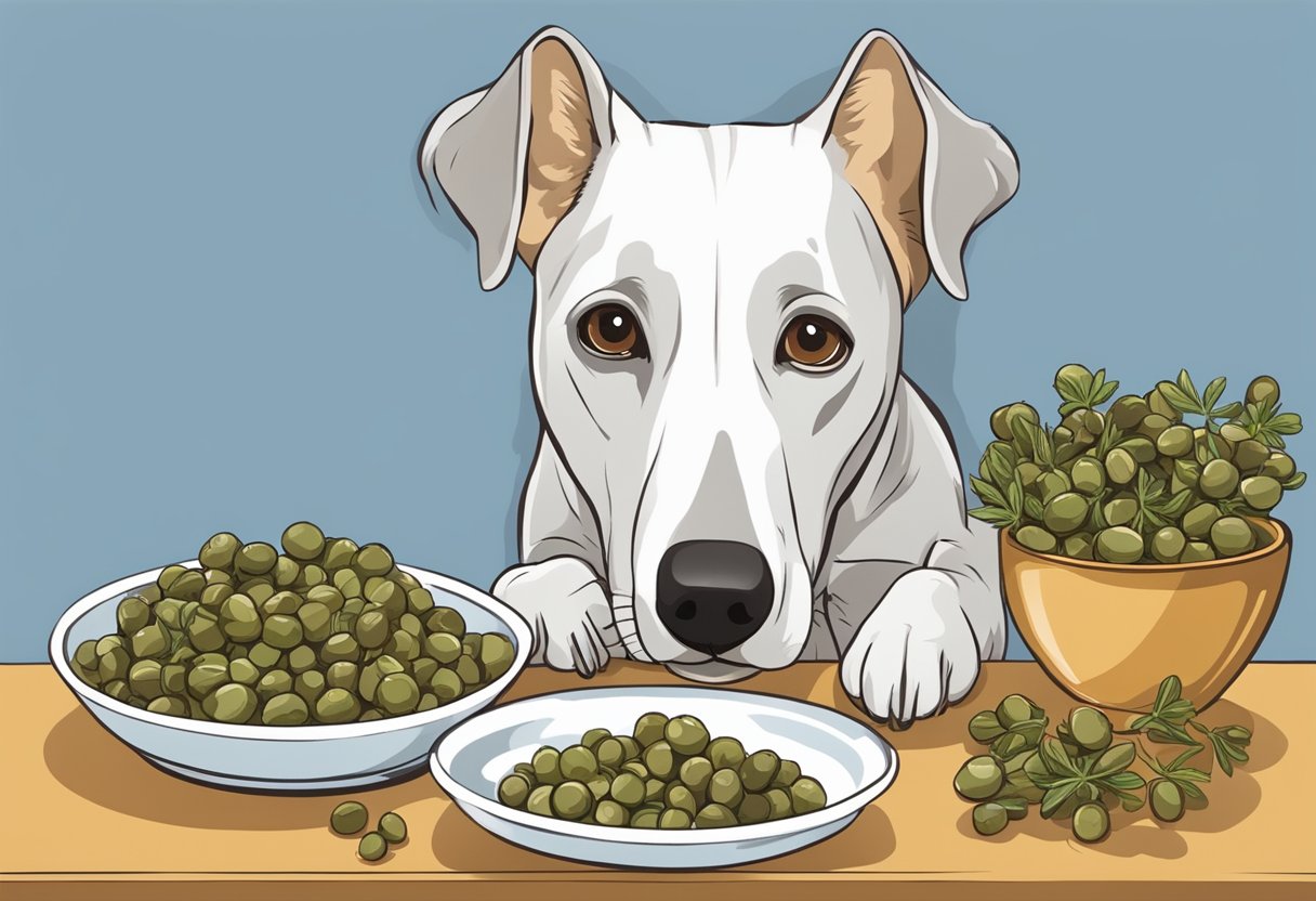 A dog sniffs a plate of capers, while a bowl of alternative foods sits nearby.