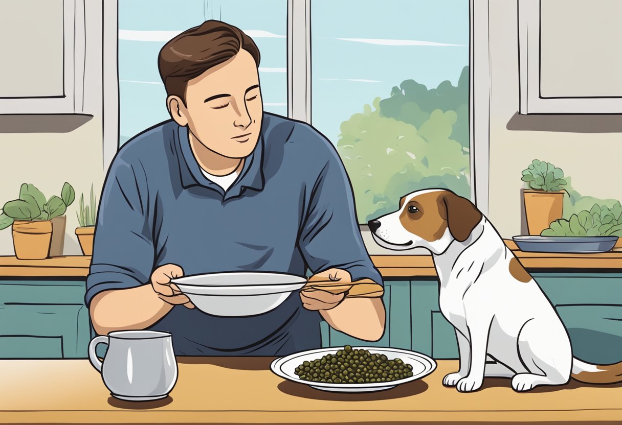 A dog eagerly sniffs a plate of capers, while a concerned owner looks on