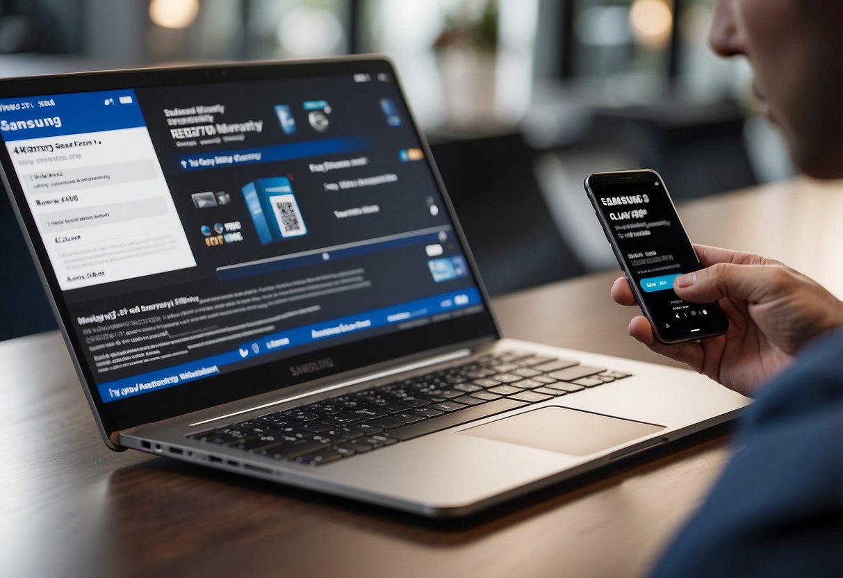 A hand holding a Samsung product with a warranty card and a laptop open to the Samsung warranty registration website