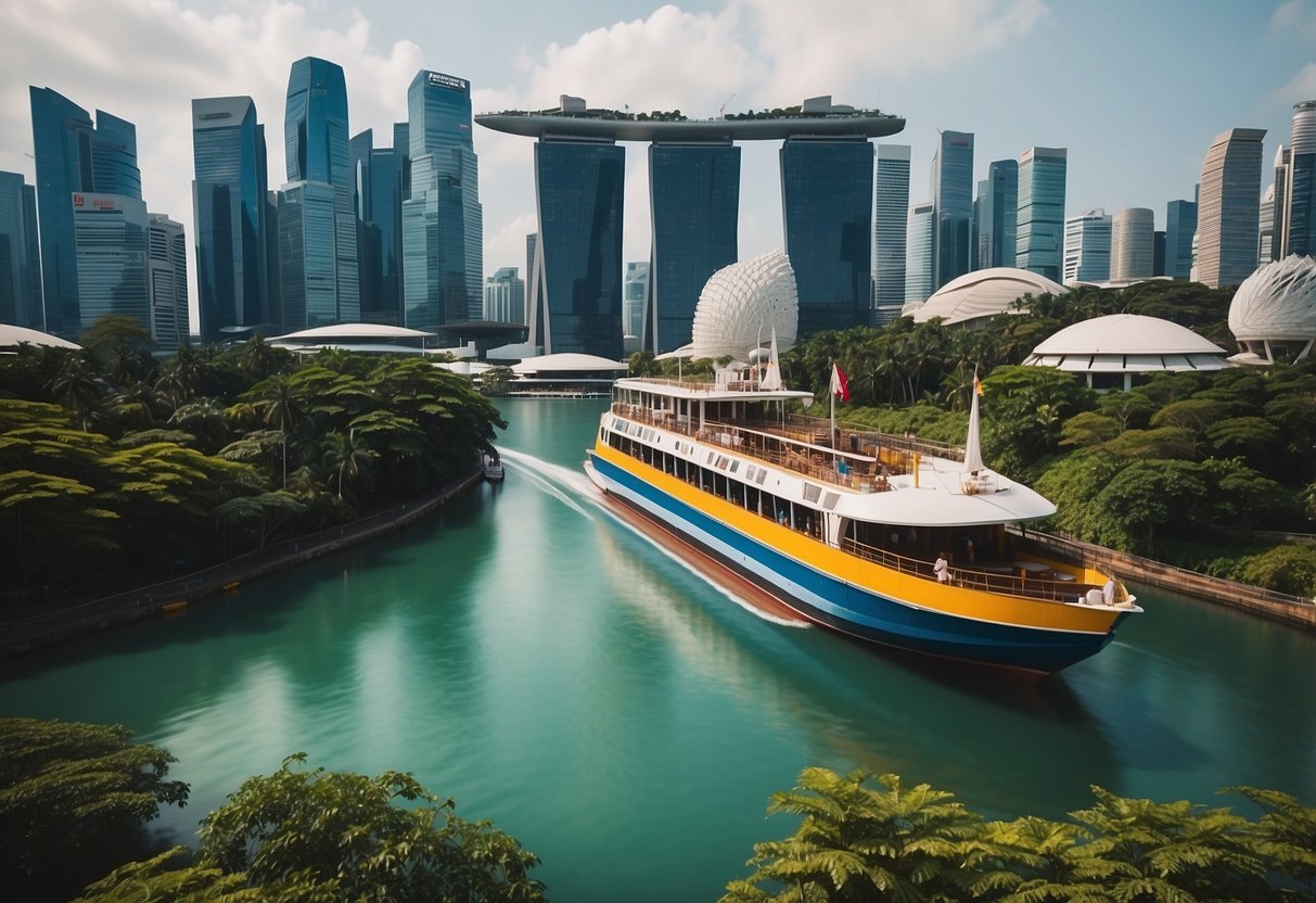 A colorful boat glides through the tranquil waters of Singapore, passing by iconic landmarks and lush greenery