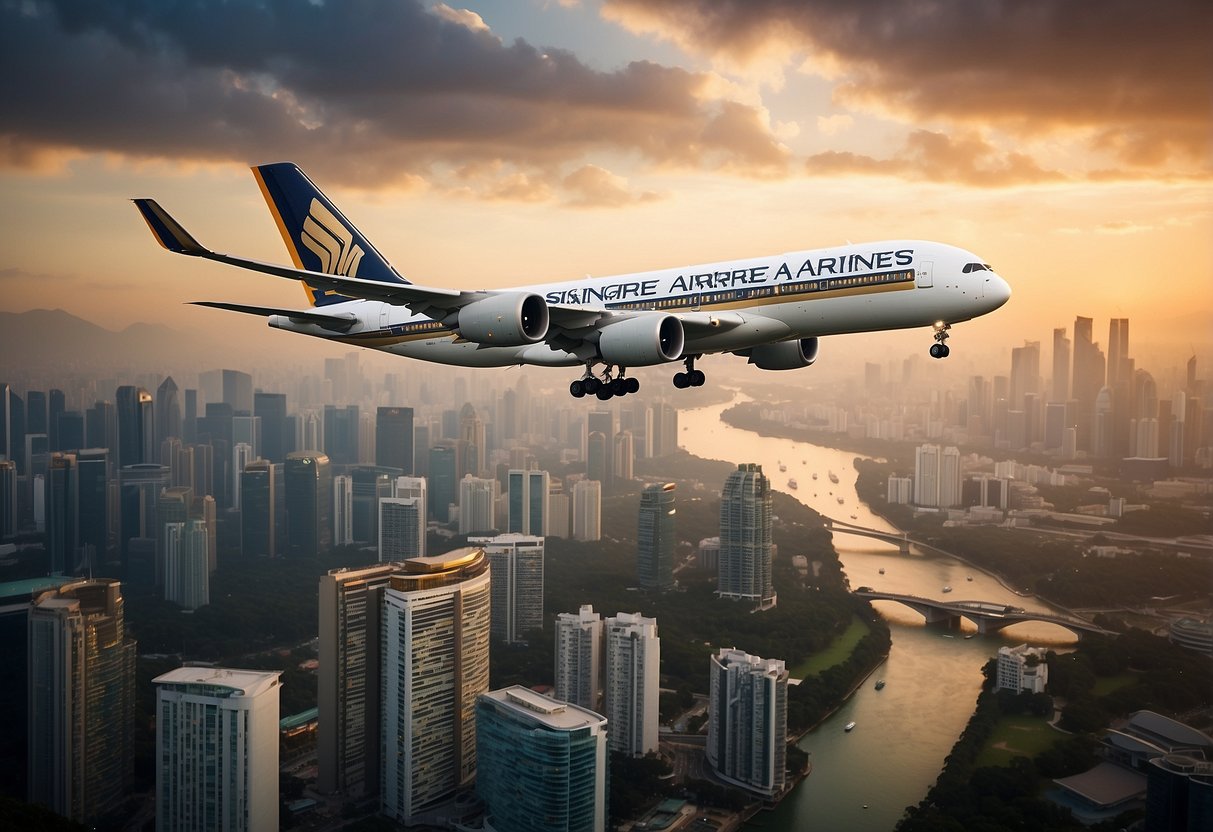 A plane flying over the iconic Singapore skyline, with the Singapore Airlines logo prominently displayed, surrounded by a border of redeemable miles