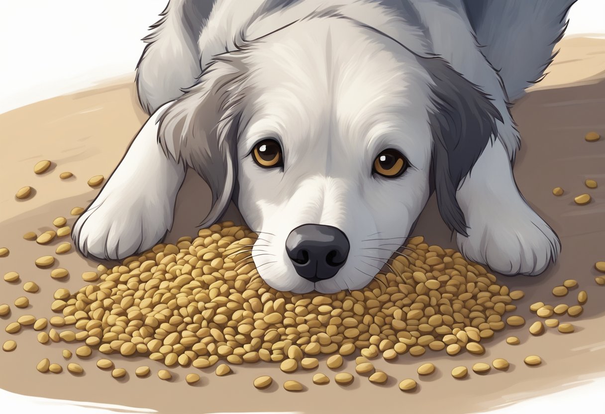 A dog eagerly sniffs a small pile of fenugreek seeds on the ground. Its tail wags as it looks up at its owner for approval