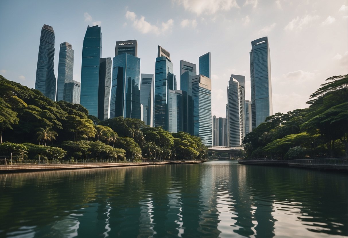 A boat glides through Singapore's waterways, passing by lush greenery and modern skyscrapers reflecting in the calm, glistening waters
