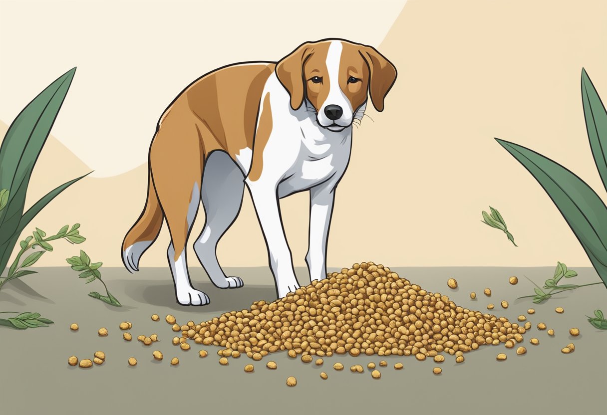 A dog eagerly sniffs a small pile of fenugreek seeds, while a question mark hovers above its head