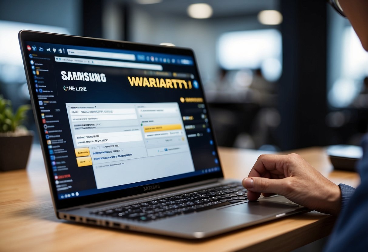 A person registering Samsung warranty online in Singapore. Laptop open, entering details. Samsung logo visible