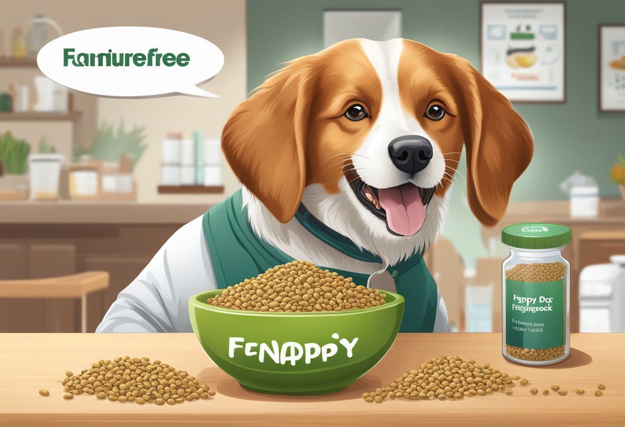 A happy dog eating fenugreek seeds from a bowl, with a veterinarian-approved label in the background