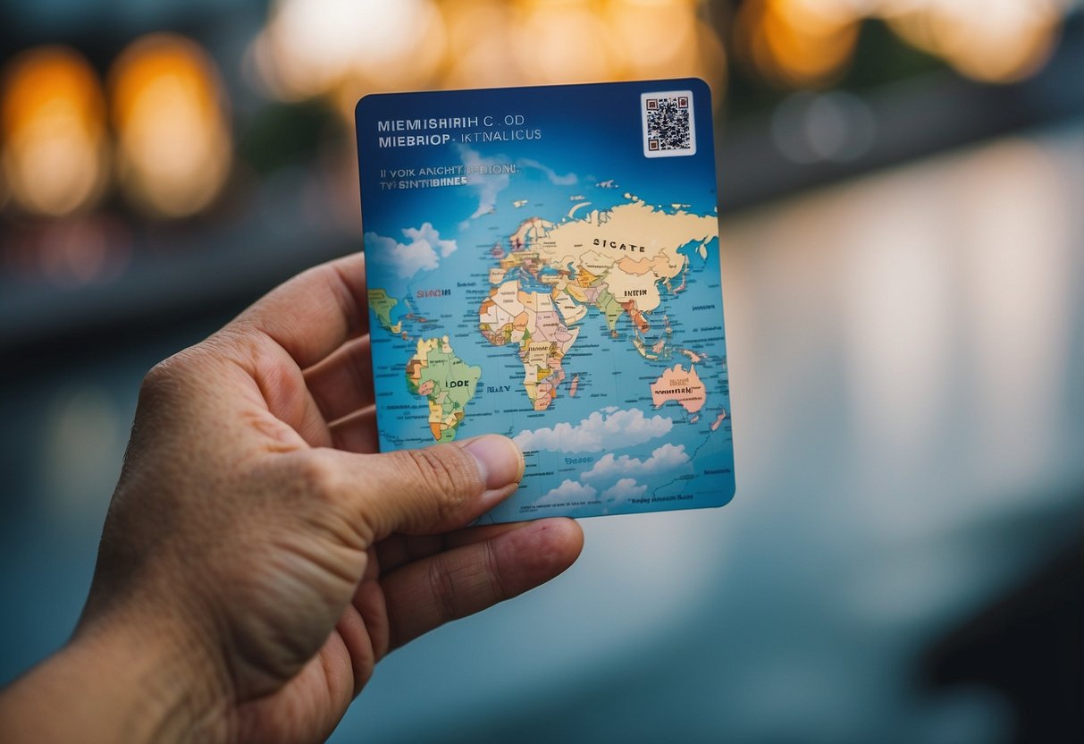 A hand holding a KrisFlyer membership card with a map of Singapore in the background, surrounded by various travel and redemption options such as flights, hotels, and experiences