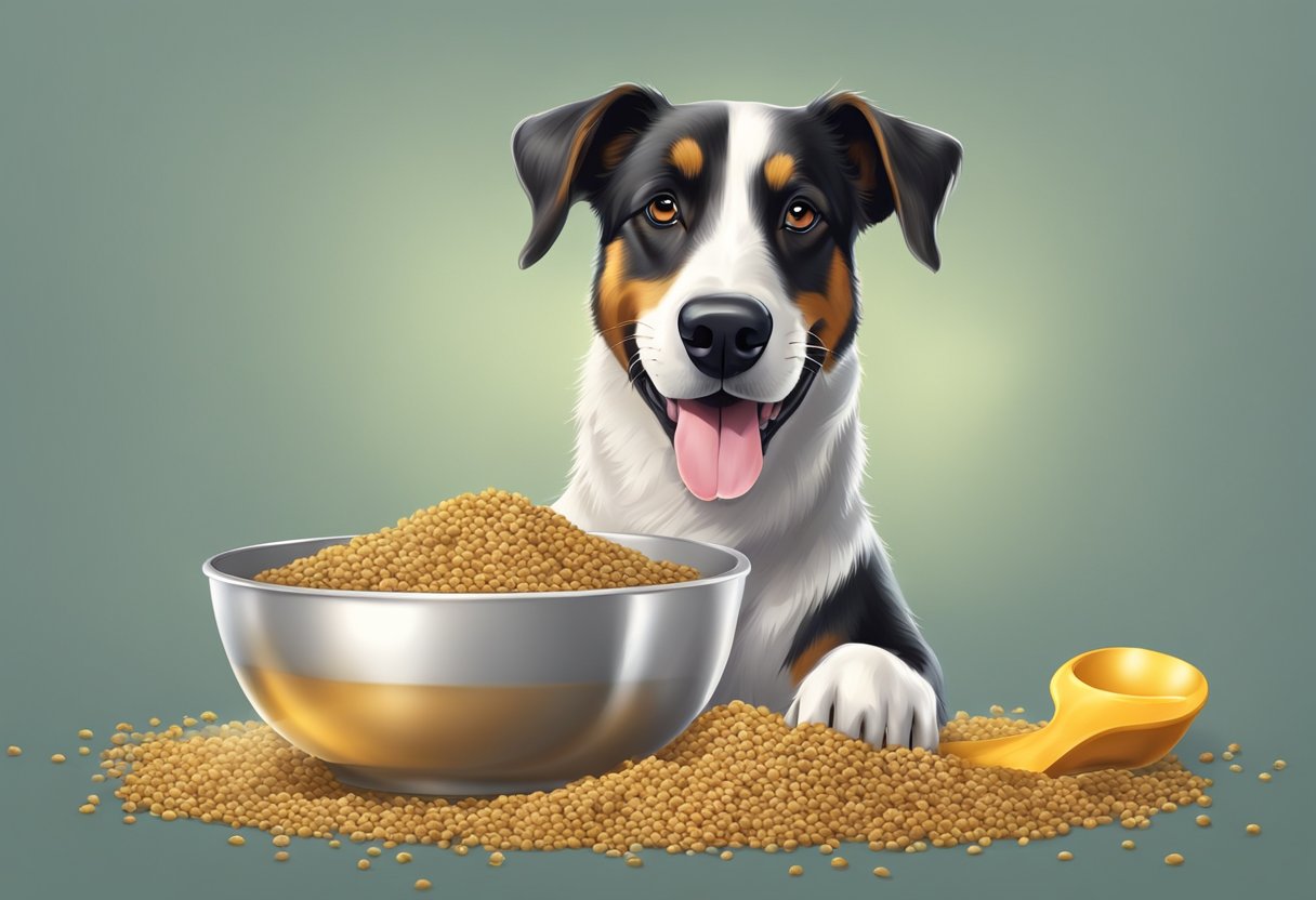 A happy dog with a shiny coat and healthy skin, eating a small amount of fenugreek seeds or powder from a bowl