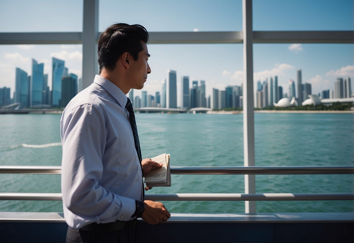 Passengers booking boat ride at ticket counter with Singapore skyline in background. Clear blue sky and calm waters