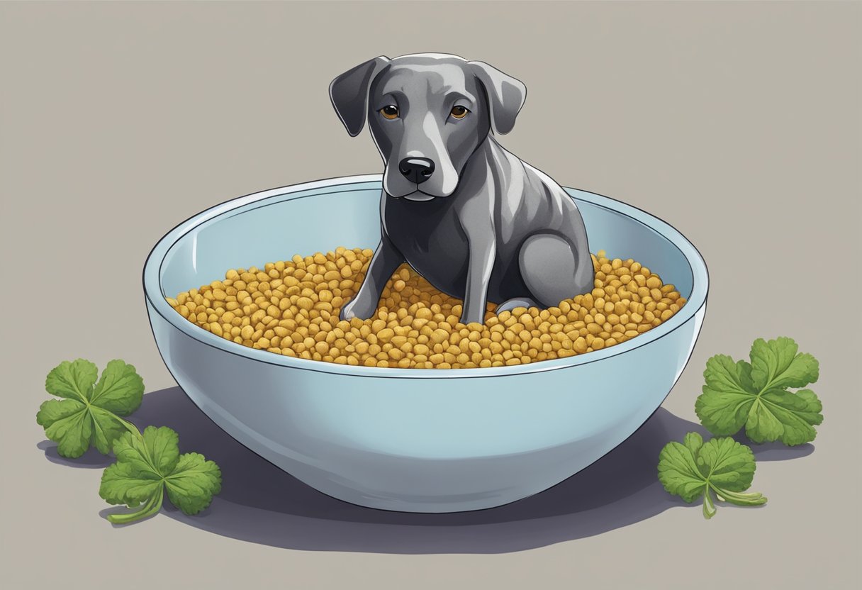 A dog peacefully eating fenugreek from a pet bowl