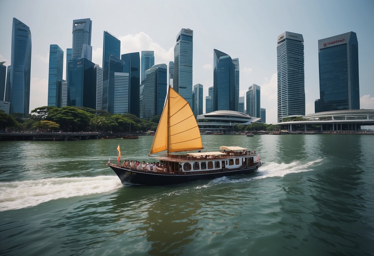 A boat glides through the sparkling waters of Singapore, passing by iconic landmarks and bustling waterfronts, as tourists listen to a guide's lively commentary