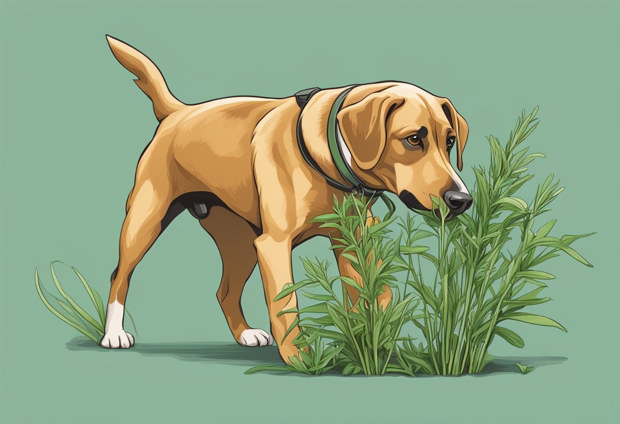 A dog sniffs a sprig of tarragon, then takes a cautious bite.