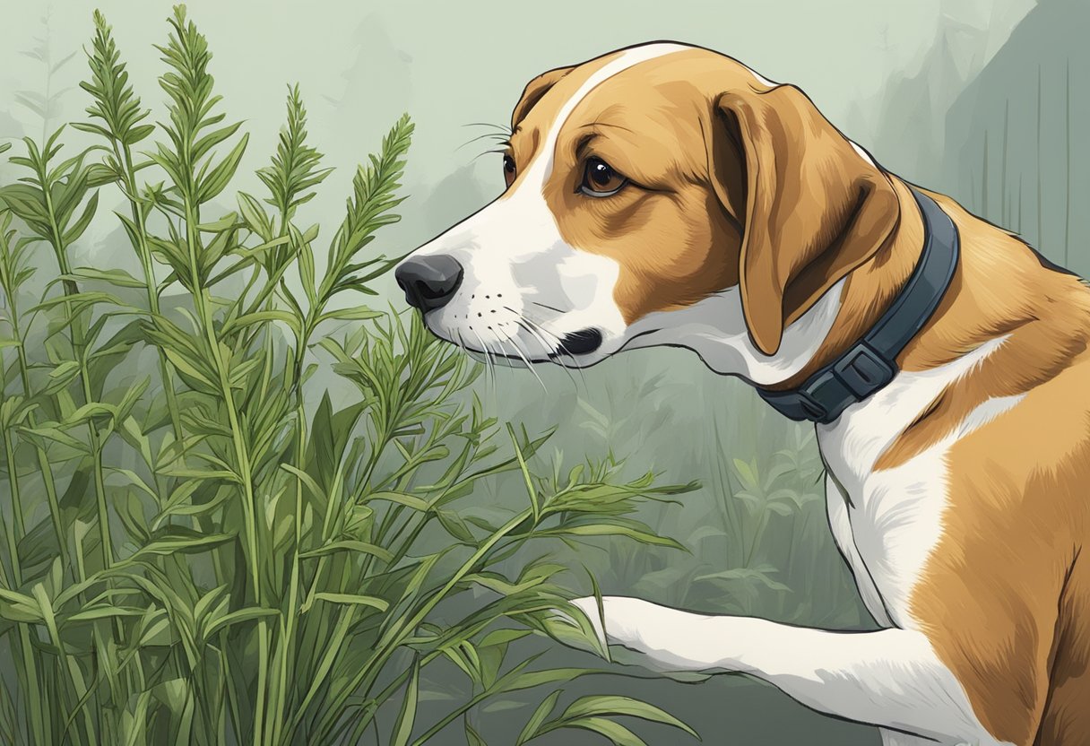 A dog curiously sniffs a sprig of tarragon, while a concerned owner looks on.