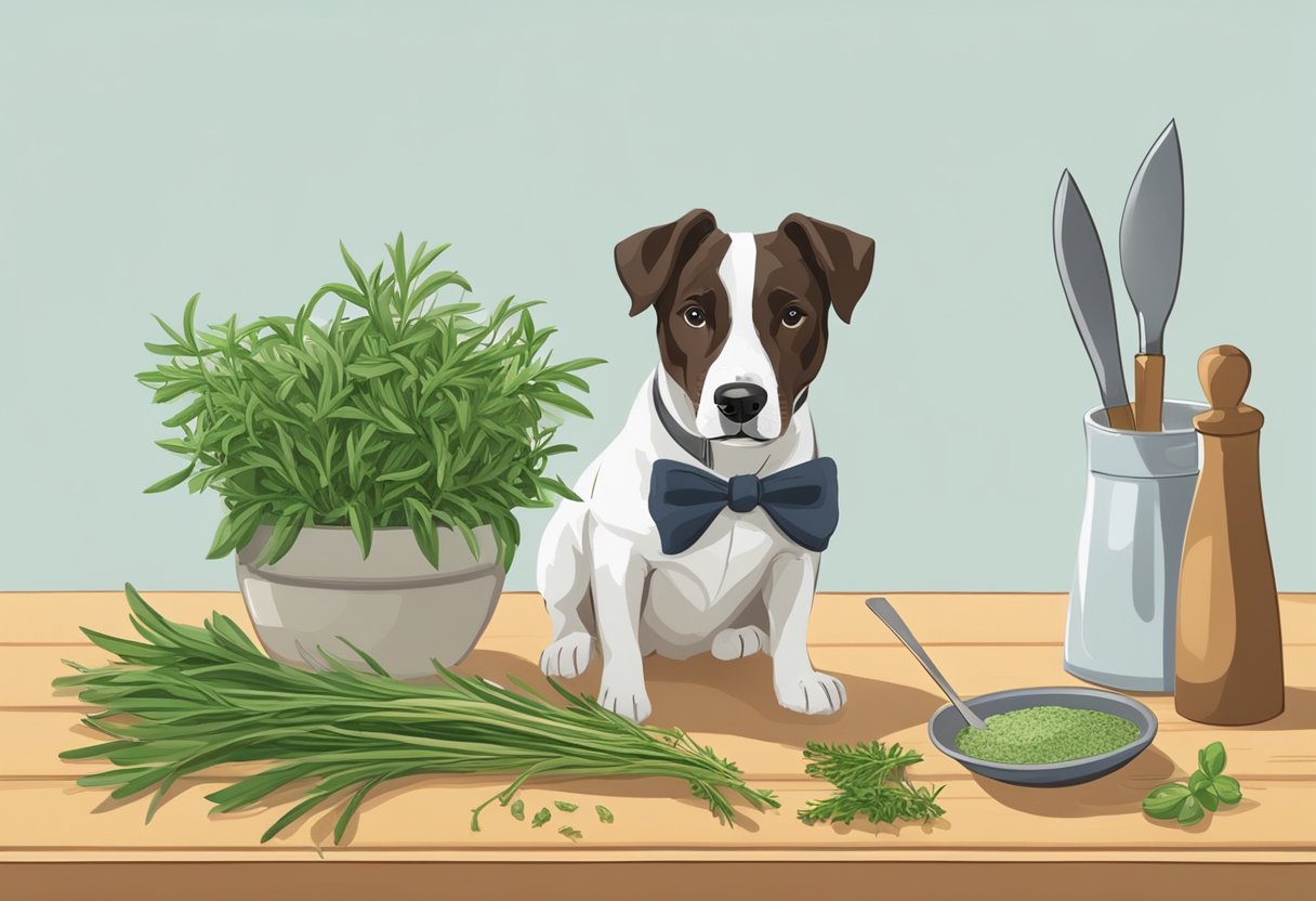 A sprig of fresh tarragon sits on a cutting board, next to a knife and a bowl of chopped herbs. A curious dog sniffs at the herb, while a food bowl sits nearby.