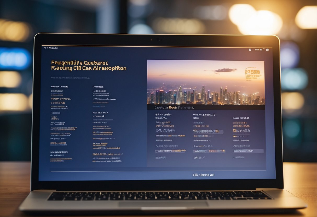 A computer screen displaying "Frequently Asked Questions" about Singapore Air's mile redemption, with a stack of travel brochures nearby