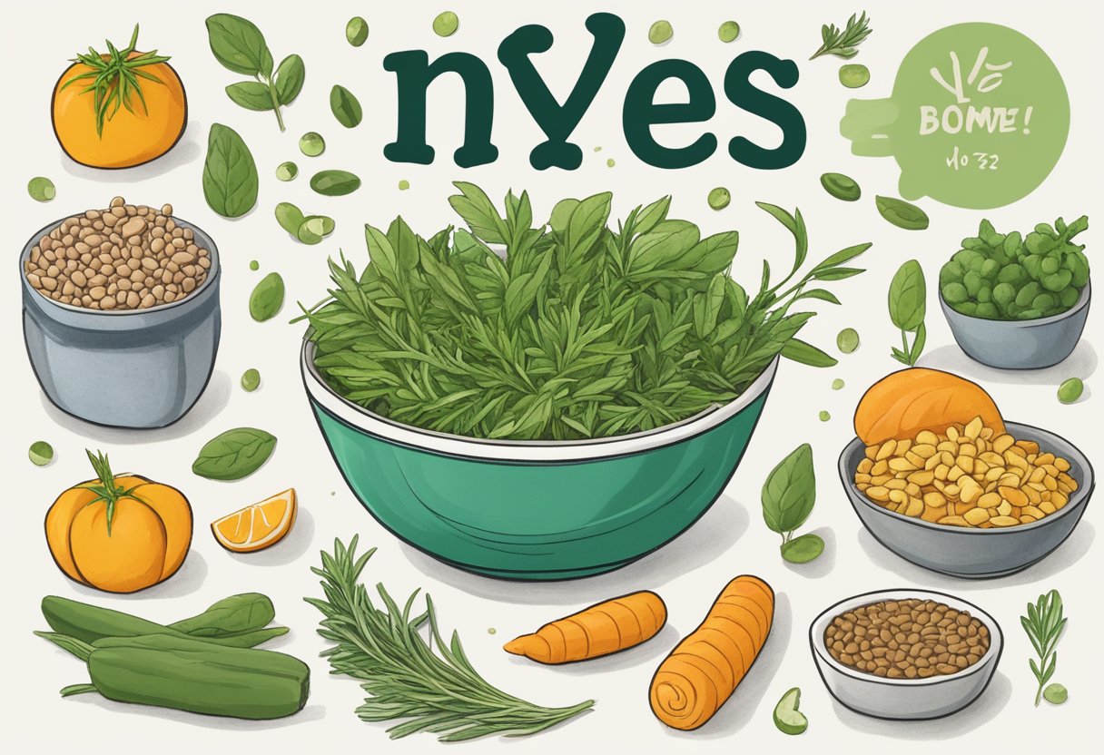 A bowl of tarragon surrounded by dog-friendly foods, with a "yes" sign for dogs and a "no" sign for humans.