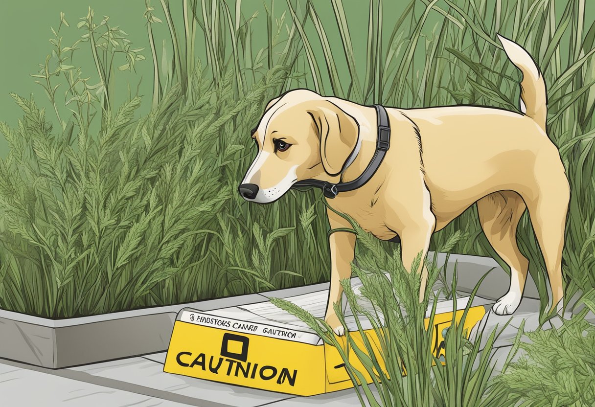 A dog sniffs a bunch of tarragon with a caution sign nearby.