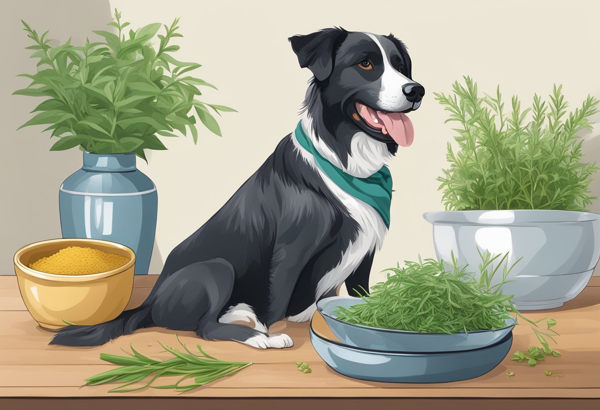 A happy dog eating tarragon with a bowl of safe herbs nearby