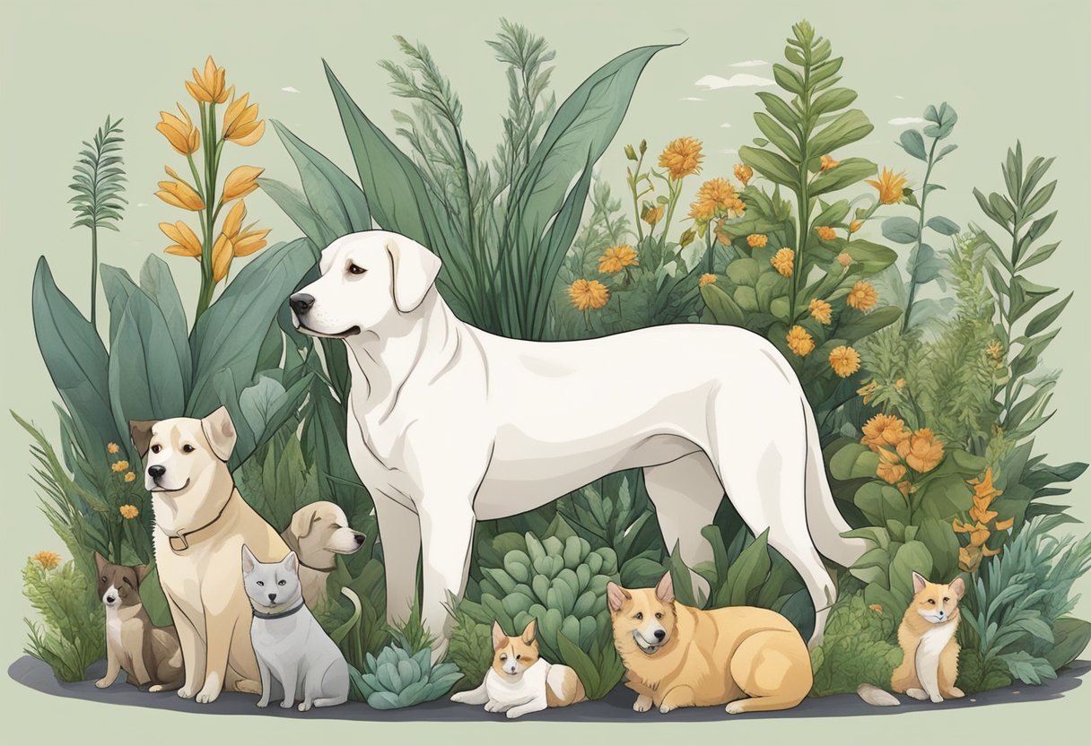 A dog surrounded by various pets and plants, with a focus on tarragon