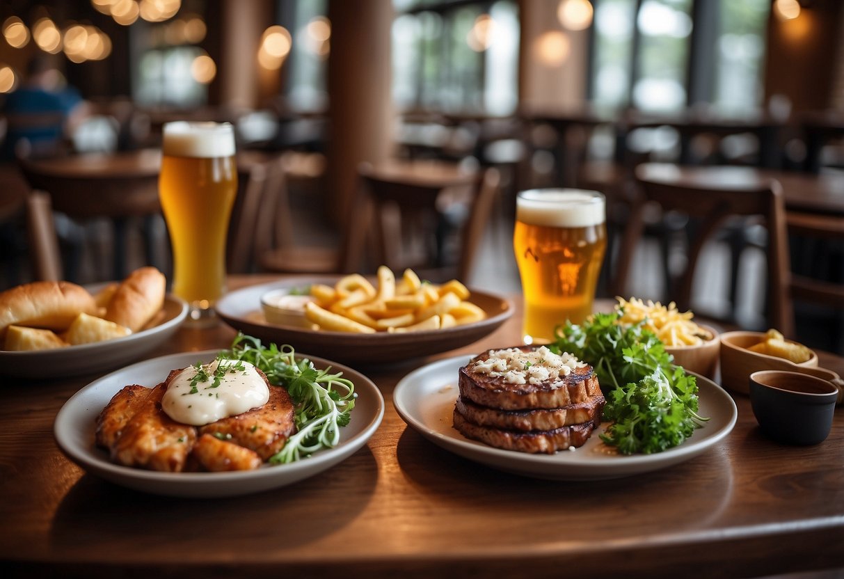 A table set with traditional German food and beer at Brotzeit Singapore, with a cozy, rustic ambiance and lively atmosphere