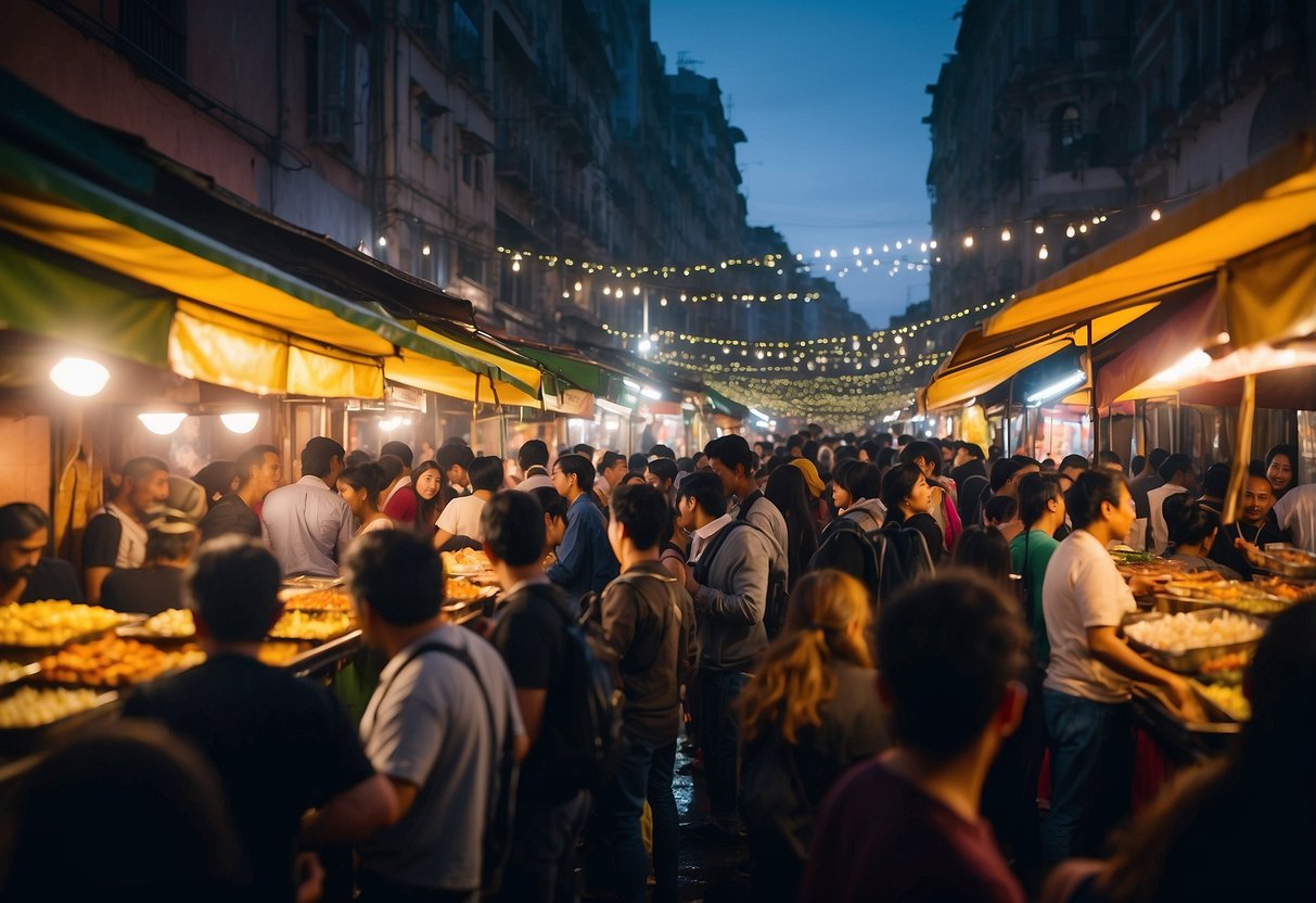 Crowds thronging colorful stalls, vibrant lights illuminating the night, lively music filling the air, and the aroma of delicious street food wafting through the bustling streets