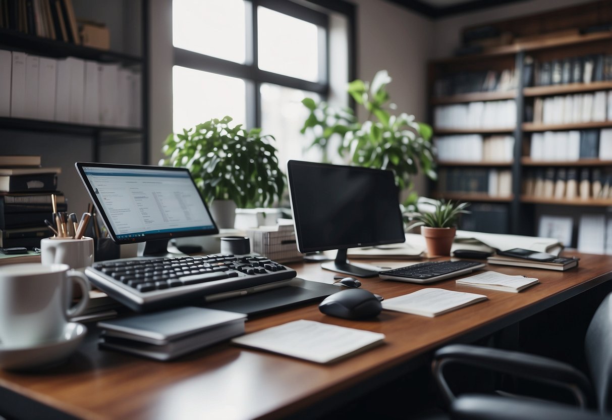A neat and organized office space with a desk, computer, and shelves filled with financial documents and accounting books
