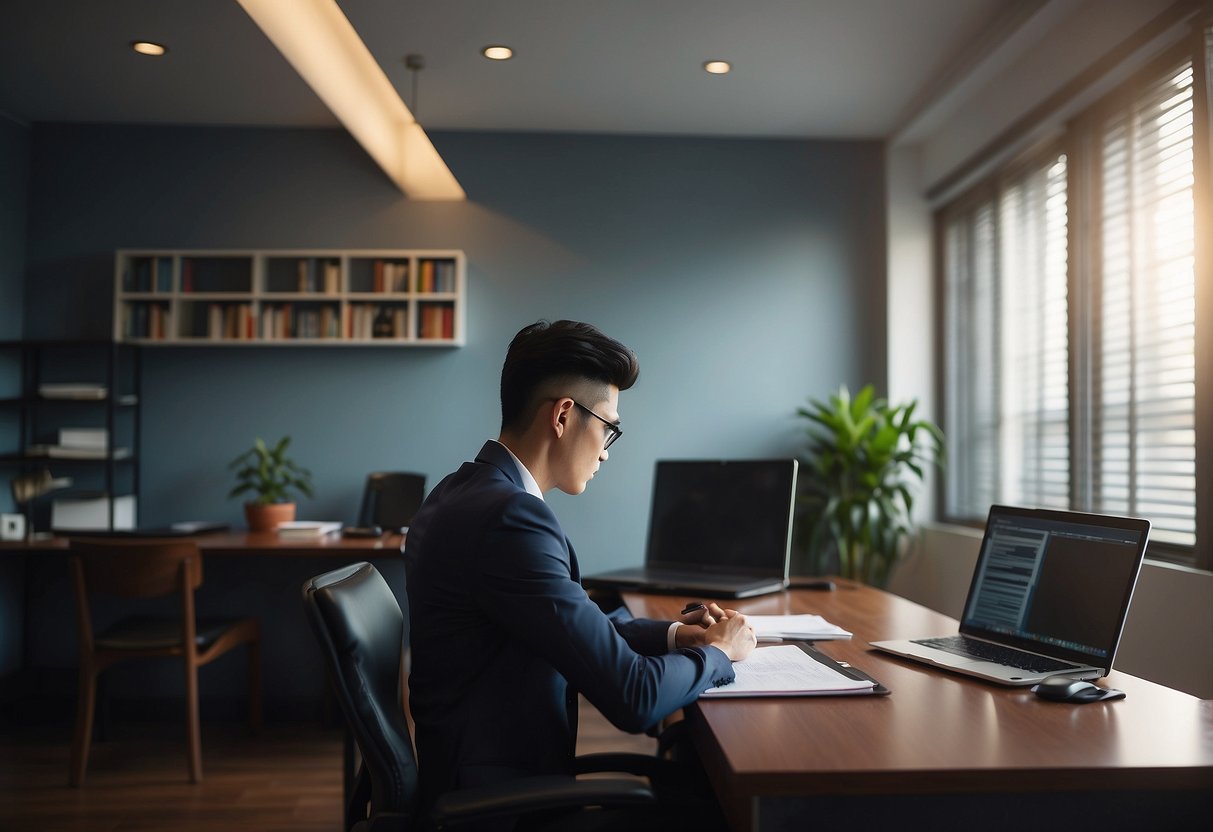 A person studying at a desk with books, calculator, and laptop. A certificate of Chartered Accountant in Singapore hangs on the wall