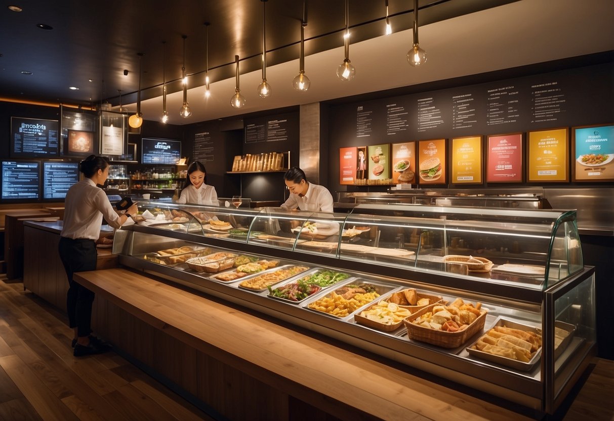 Customers perusing a colorful menu at Brotzeit Singapore, with a variety of German dishes and drinks on offer