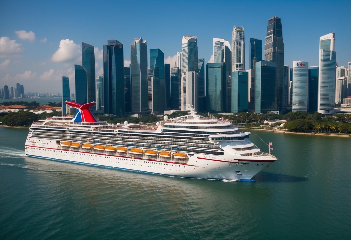 A Carnival cruise ship glides through the sparkling waters of Singapore, with the iconic city skyline in the background. The ship is adorned with colorful flags and banners, and passengers enjoy the warm sea breeze on deck
