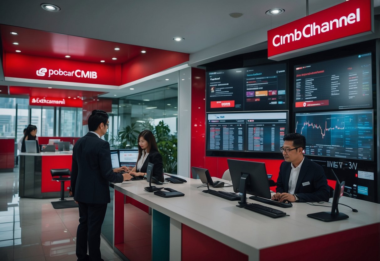 The Cimb BizChannel in Singapore features a sleek, modern interface with vibrant colors and clean lines. The digital platform showcases various financial tools and services for businesses