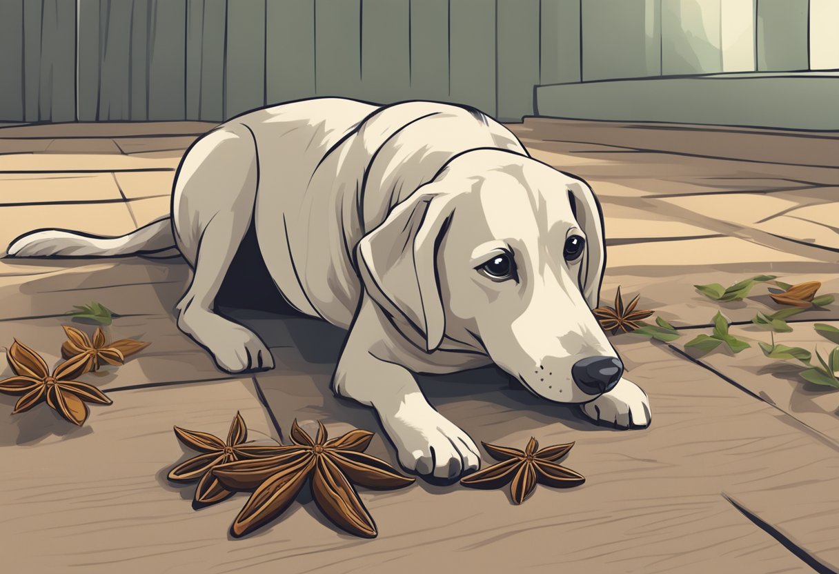 A dog sniffs a star anise on the ground, looking curious but hesitant to eat it.