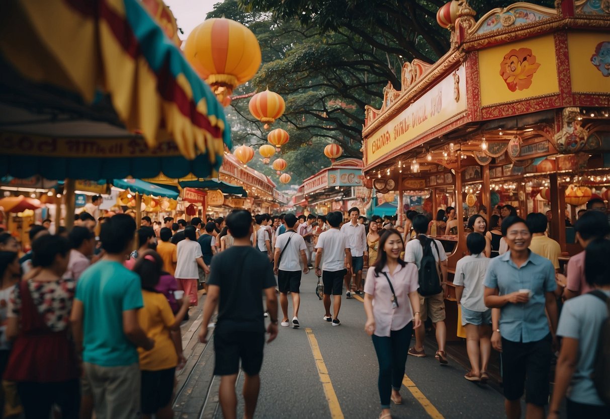 Colorful carnival booths line the bustling streets of Singapore, with crowds of people eagerly exploring and enjoying the various attractions and games