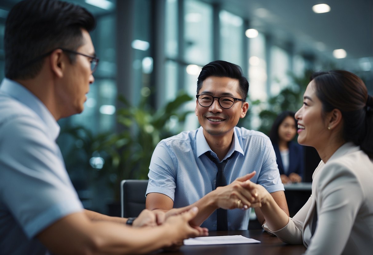 A group of people gathered around a chartered accountant in Singapore, asking questions and receiving advice