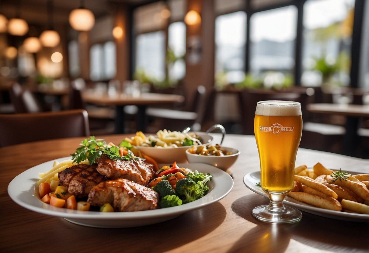 A table set with traditional German dishes and beer at a lively restaurant, with a banner displaying "Services and Offers" at Brotzeit Singapore
