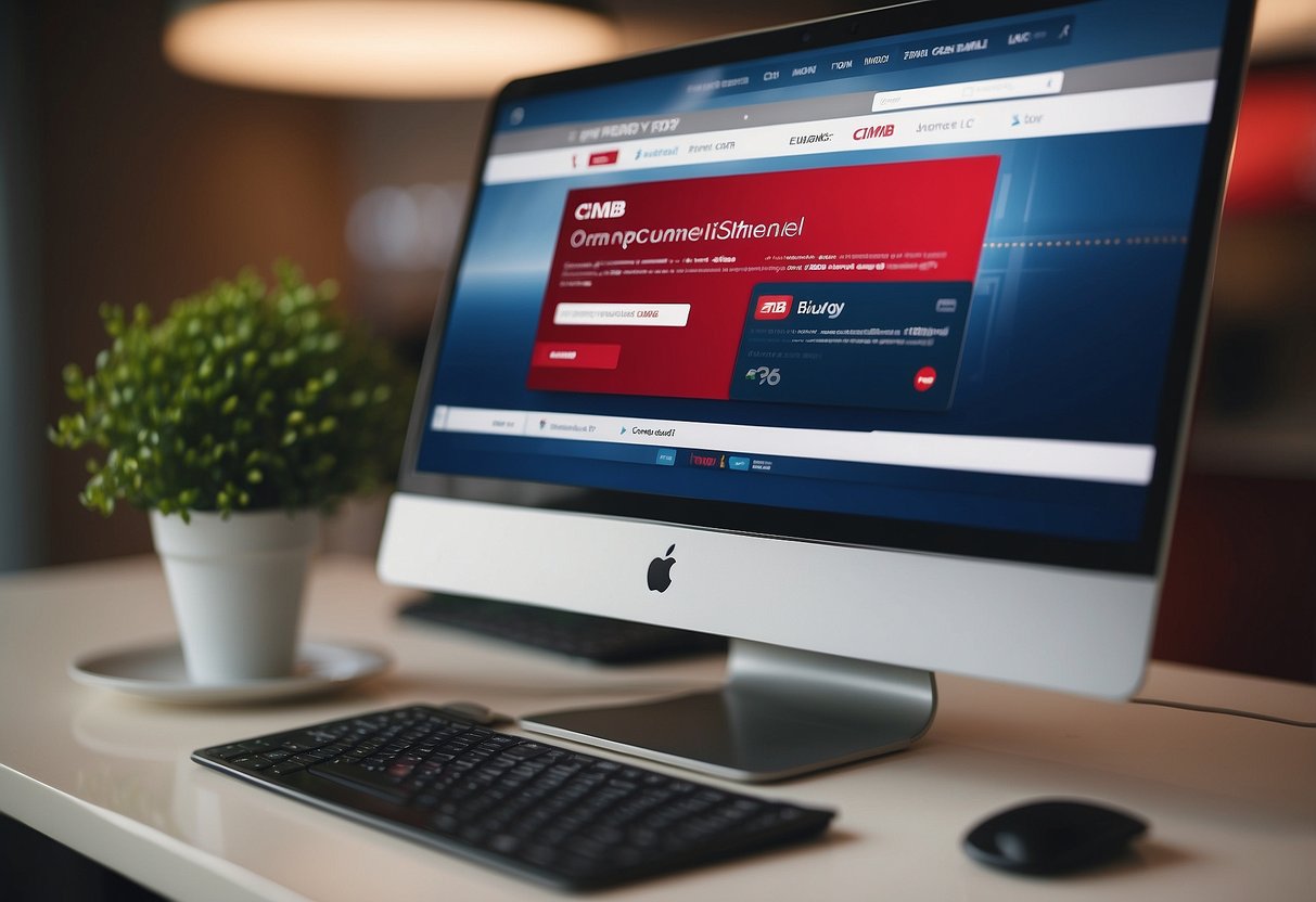 A computer screen displaying the BizChannel@CIMB homepage, with the CIMB logo and a user-friendly interface for online banking