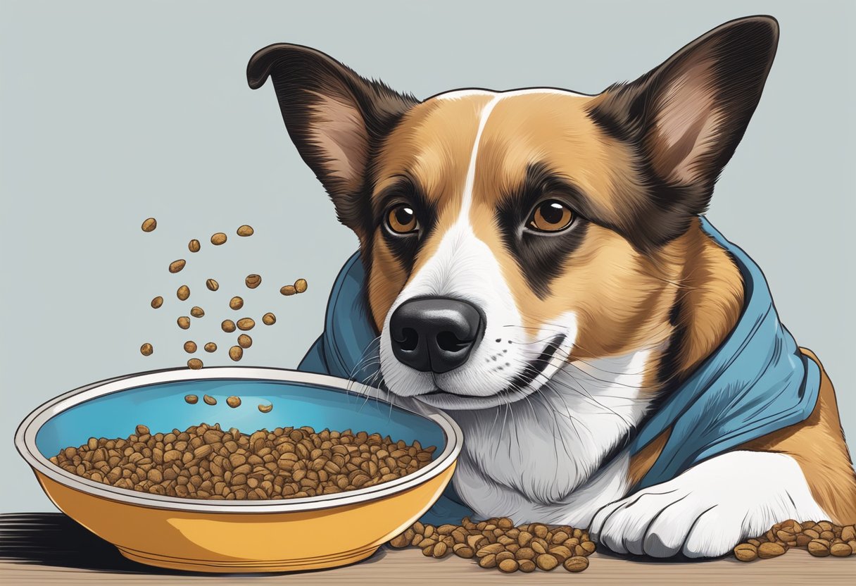 A happy dog sniffing a bowl of dog food with star anise sprinkled on top.