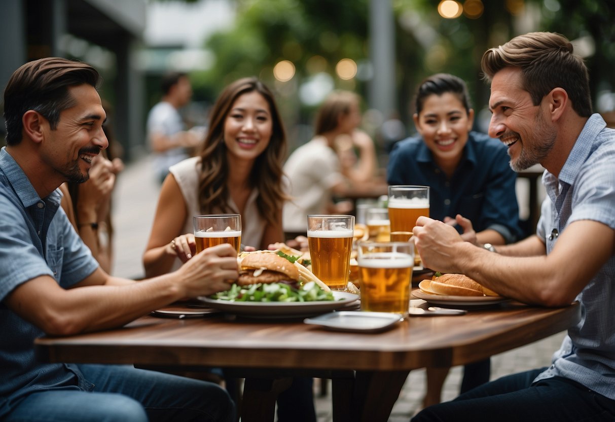 People gathered around a table at Brotzeit Singapore, asking questions and conversing. Menu and beer glasses visible. Outdoor setting with a relaxed atmosphere