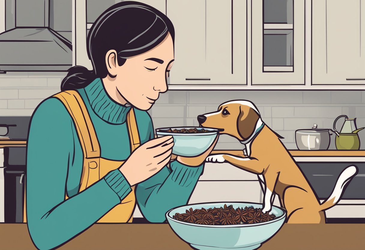 A dog sniffs cautiously at a bowl of star anise, while a concerned owner watches closely, ready to intervene if necessary.