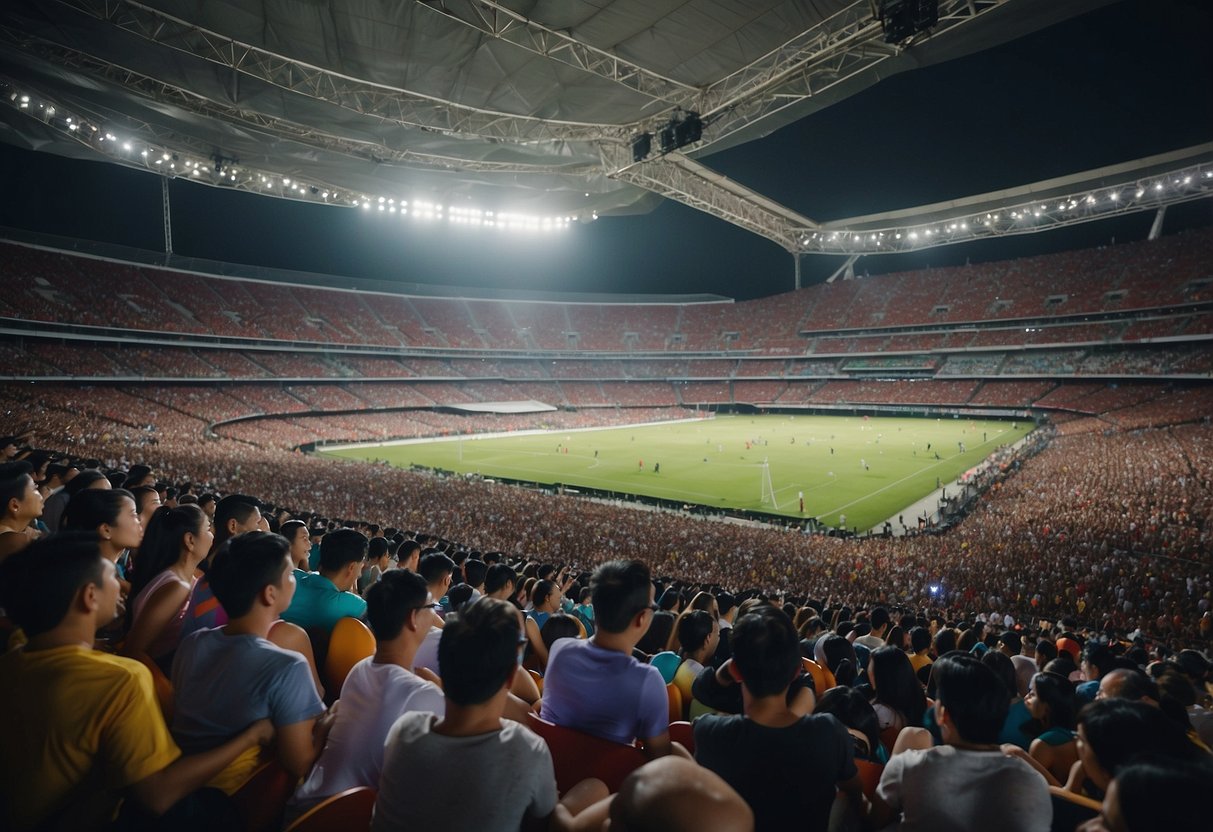 A packed stadium in Singapore for a Coldplay concert, with colorful seating and excited fans