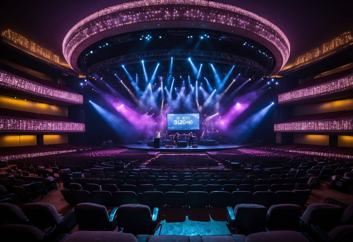 The concert venue is filled with rows of seats, arranged in a circular pattern around the stage, with vibrant lighting and a large screen displaying the band's name