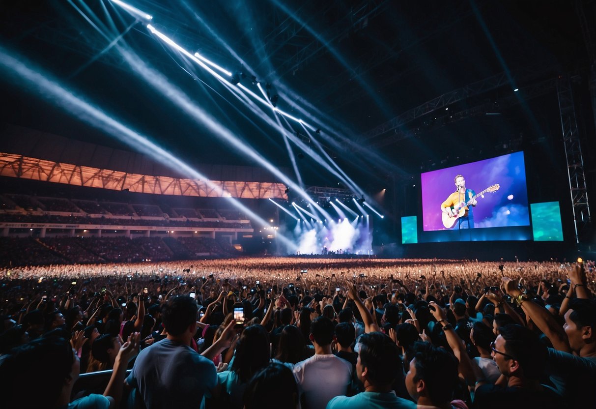 Crowd cheers, lights flash, Coldplay performs on stage in Singapore. Seating arrangement visible, audience captivated by the electrifying concert experience