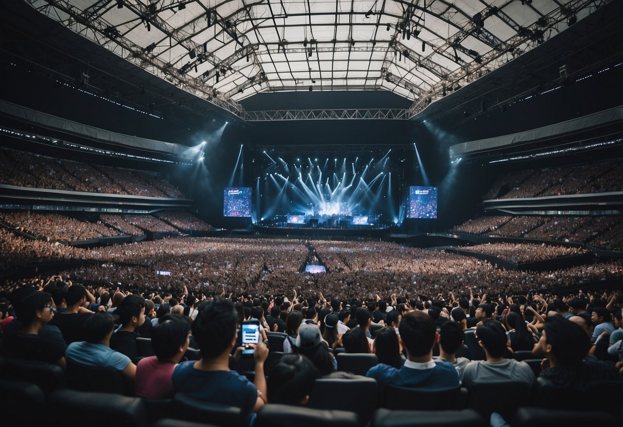 A crowded concert venue with rows of seats, a stage in the center, and a large screen displaying "Frequently Asked Questions Coldplay Singapore Seating."