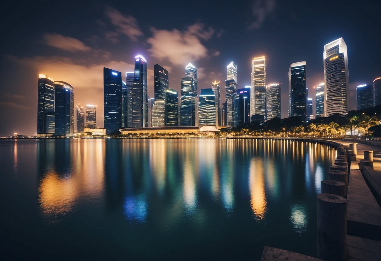 The vibrant lights of Singapore's skyline pierce the night sky, reflecting off the calm waters of the harbor