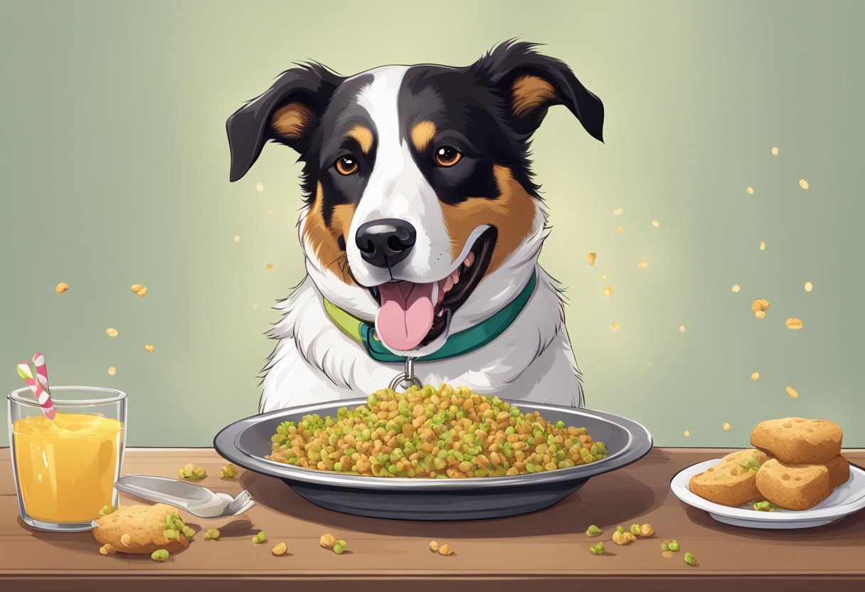 A happy dog with a shiny coat and strong teeth, enjoying a meal with cloves sprinkled on top.