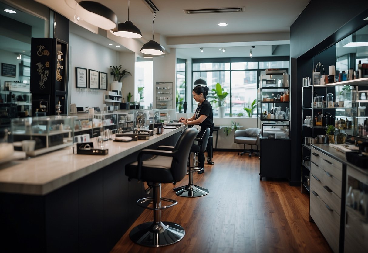 A piercing studio in Singapore, with various body jewelry on display. A professional piercer consults with a client, while sterile equipment and cleaning supplies are visible in the background