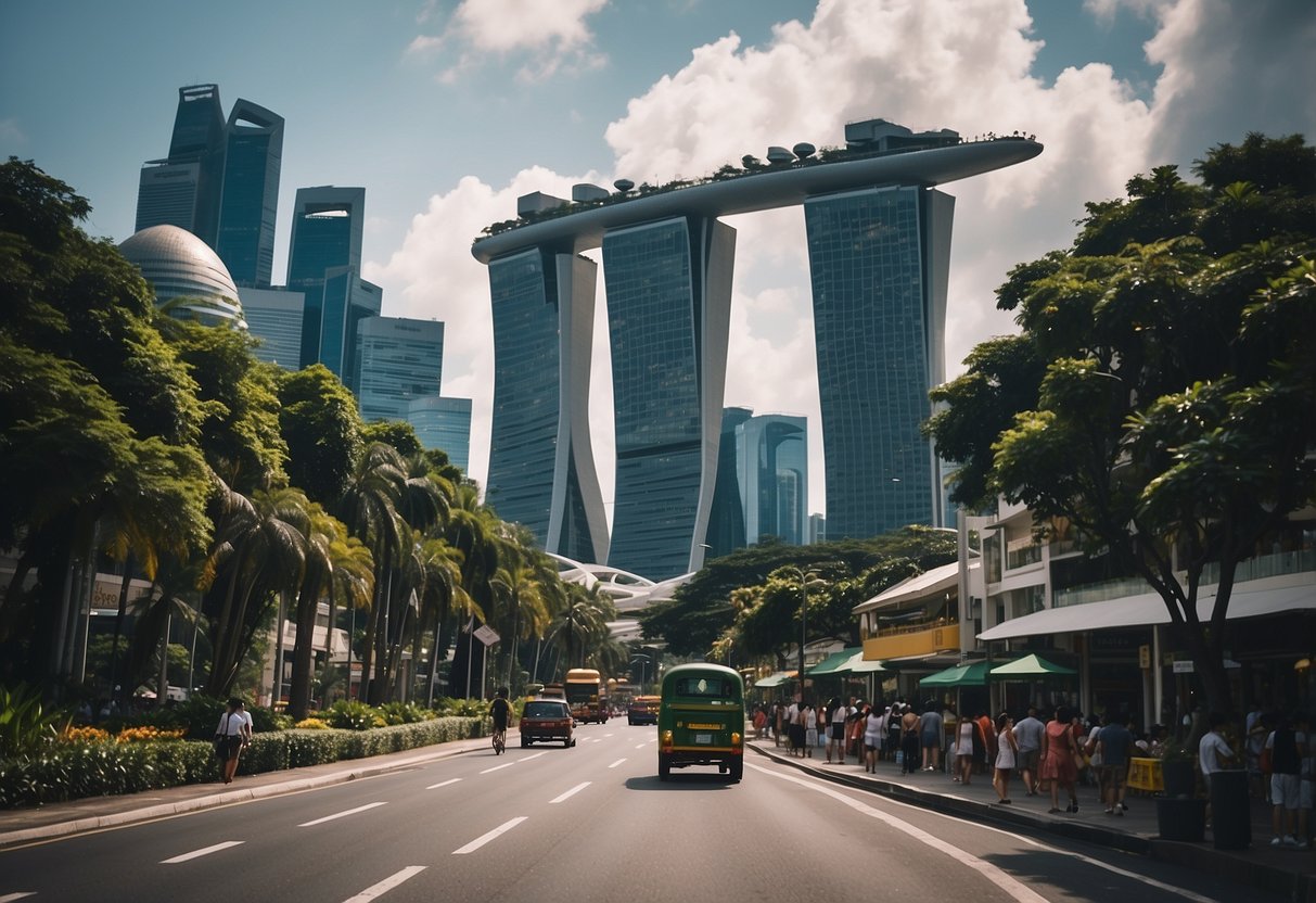 A bustling street in Singapore, with colorful buildings and vibrant street vendors, surrounded by lush greenery and the iconic Marina Bay Sands in the distance