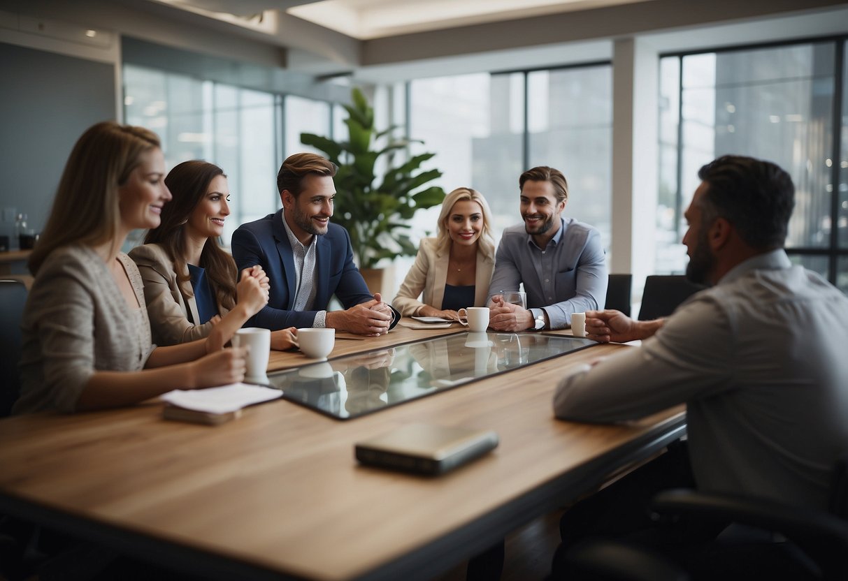 A group of individuals gathered around a table, discussing and making decisions. A clear hierarchy and organized structure is evident in the way they interact and communicate