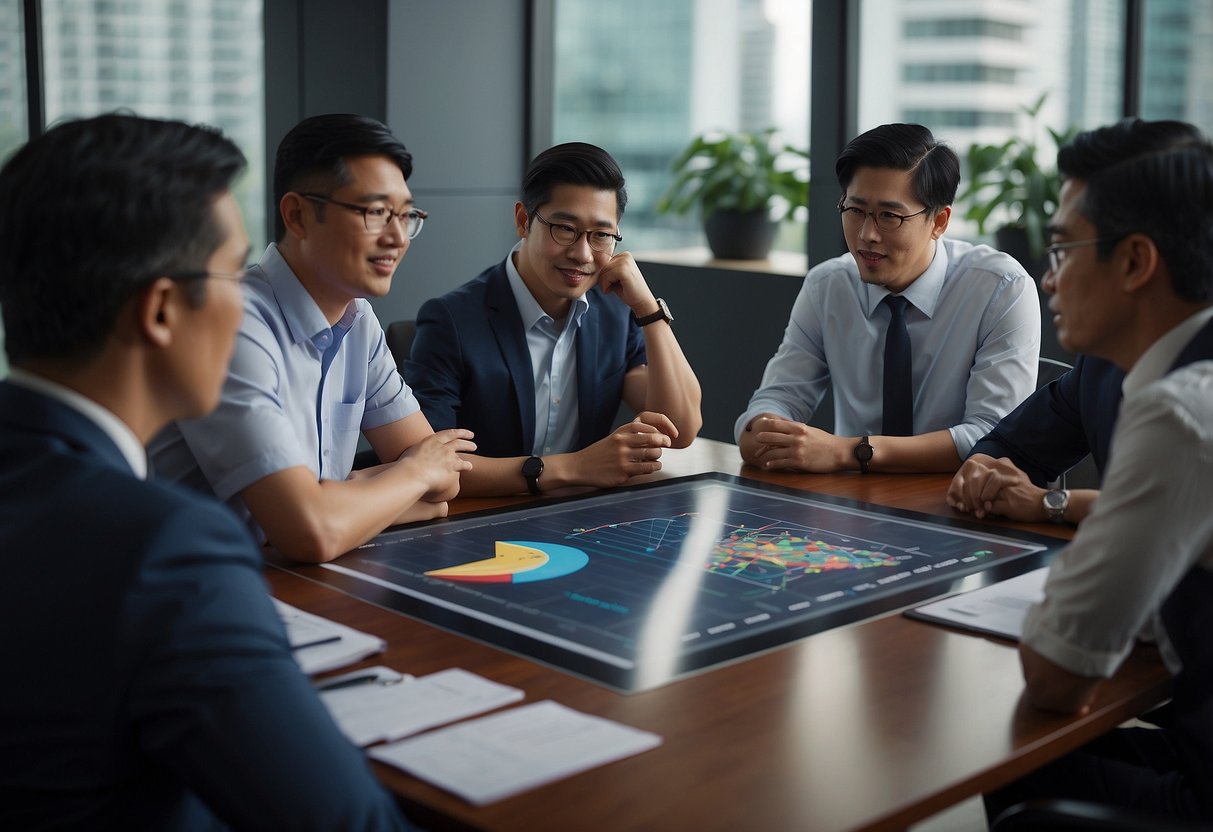 A group of people gather around a table, discussing and strategizing for political engagement in Singapore. Charts and graphs are spread out, and there is a sense of focused determination in the room