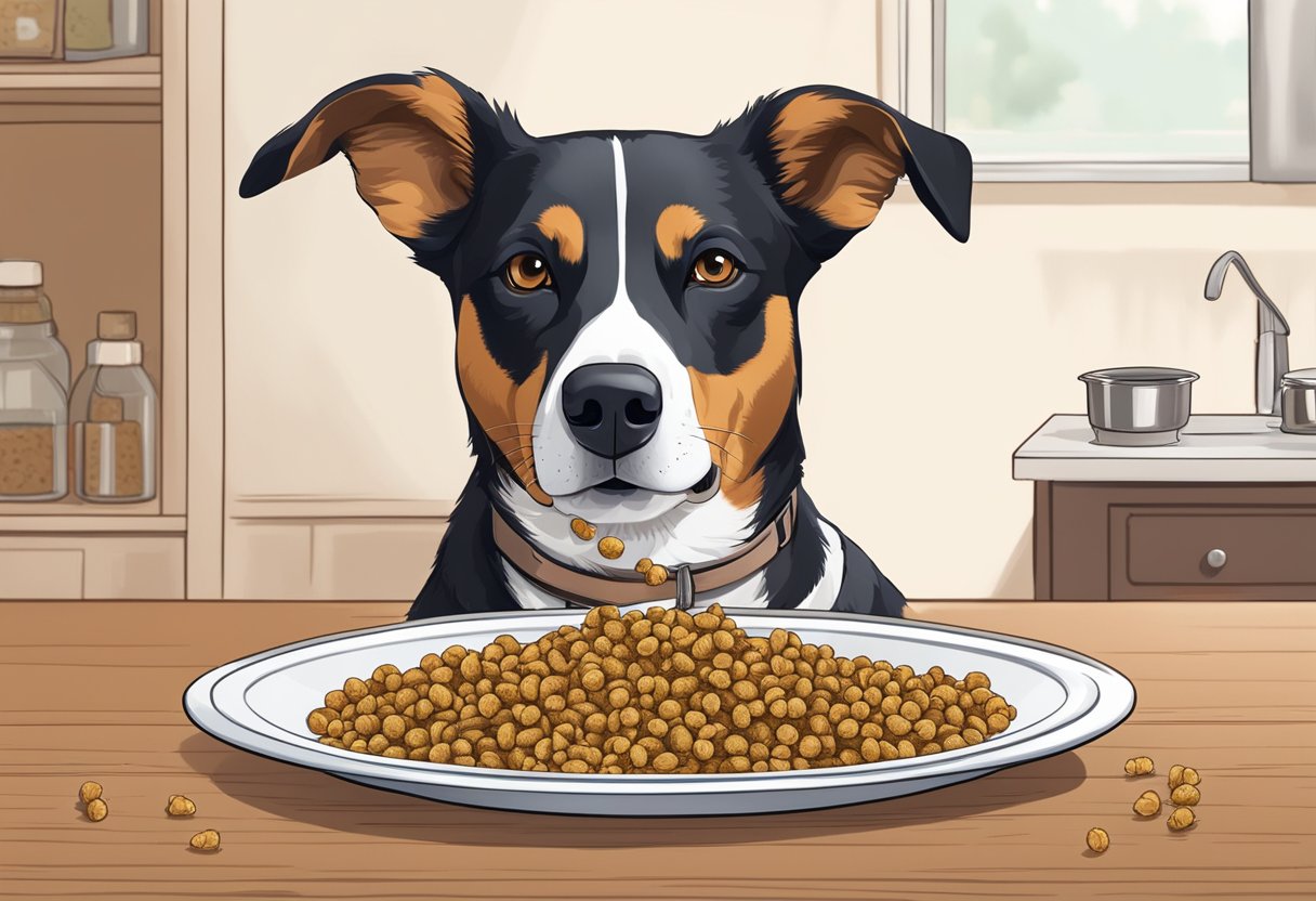 A dog peacefully eating a small amount of cloves sprinkled onto its food dish, with a veterinarian-approved label visible in the background